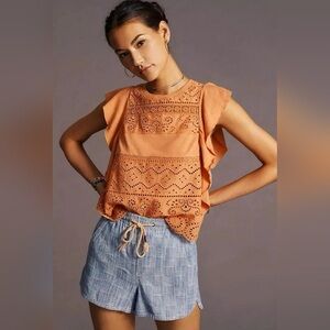 Anthropologie | Women’s Sustainable Lace Ruffle Tank in Coral Size XS